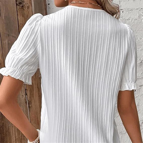 Women Plus Size Tops Hollow Short Sleeve Blouses V-Neck Shirt Casual Solid Color Pullover Blouse