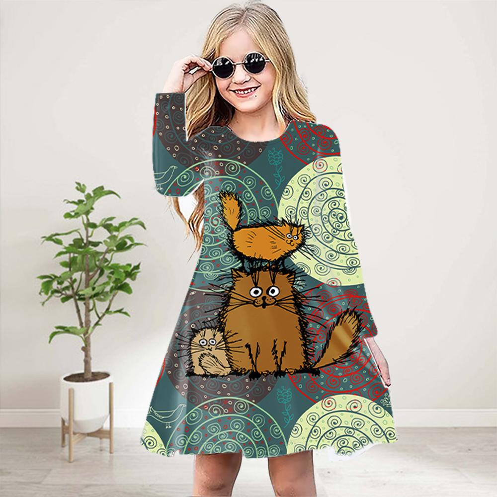 

Повседневное платье для девочек с 3D-принтом, струящимся песком и блестящим котом, с круглым вырезом и длинными рукавами, детское платье принцессы 180 светло-синий