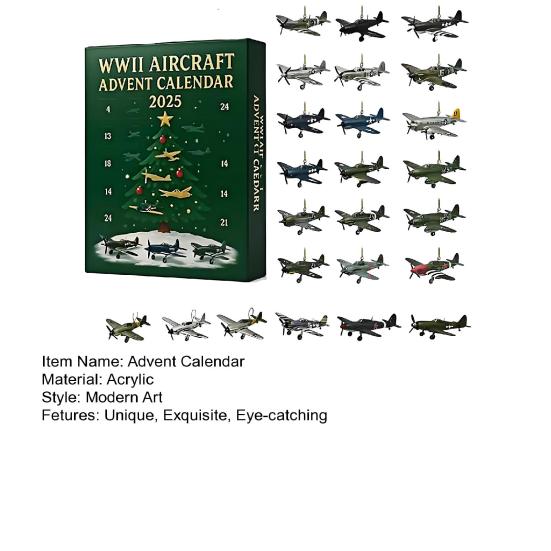 WWII Aircraft Advent Calendar 2025 24-Day Christmas Countdown Calendar with 24 Fighter Warbirds Pendants