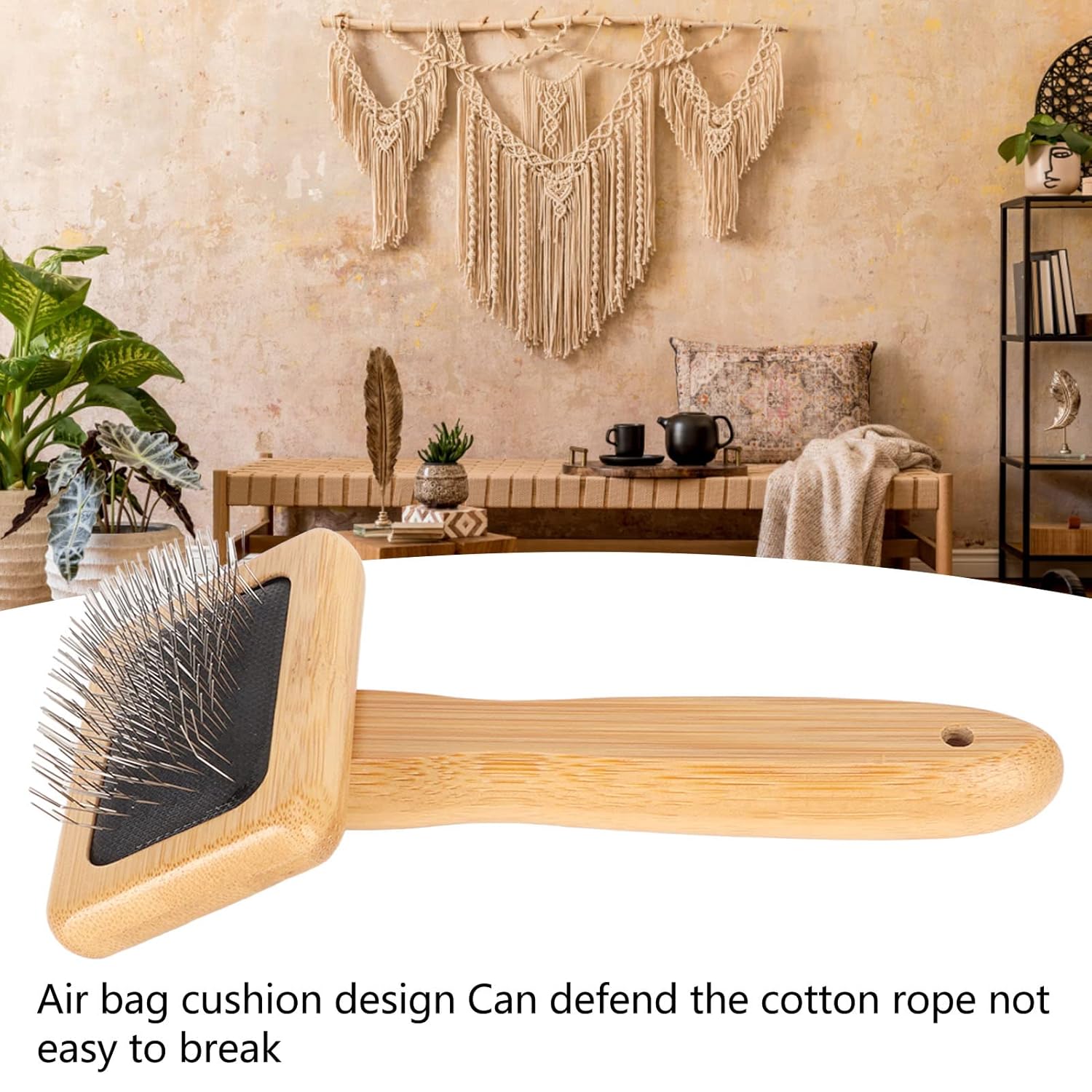 Macrame Slicker Comb with Hole Cushion Finely Polished Bamboo Cleaning Brush Sheepskin Wool Stainless Steel Pins Carding Rug Fur Brushes Long Prongs