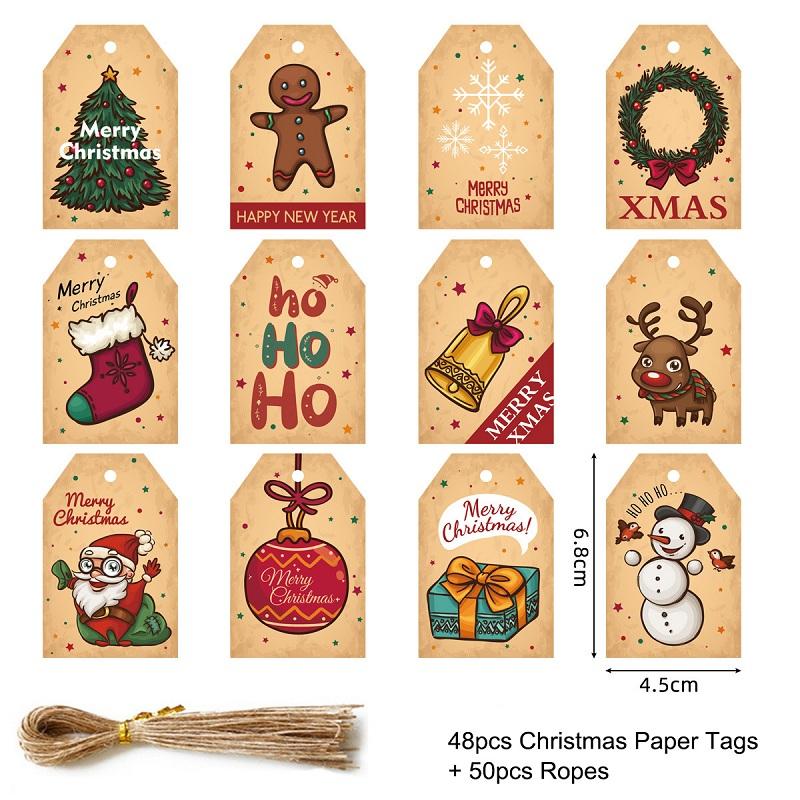 48/50Pcs Merry Christmas Kraft Paper Tags DIY Handmade Gift Wrapping Paper Labels Santa Claus Hang Tag Ornaments New Year Decor