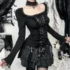 Camisetas Góticas Negras con Encaje de Manga Larga Vintage Sexy con Cordones Cuello Cuadrado Tops con Gargantilla Cruz Mujer Tees de Otoño