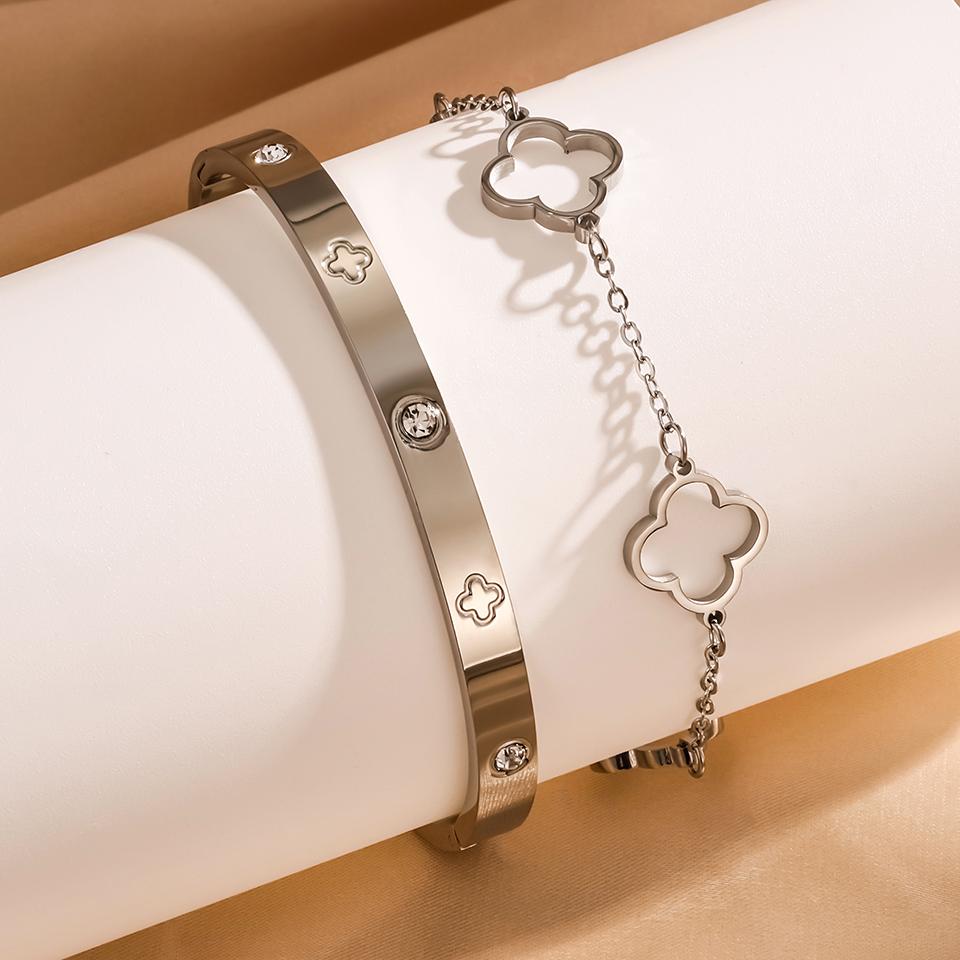 2Pcs Women's Lucky Clover & Heart Bracelet Set - Stainless Steel Base with Shiny Zircon Charms, Elegant Party Jewelry Perfect fo