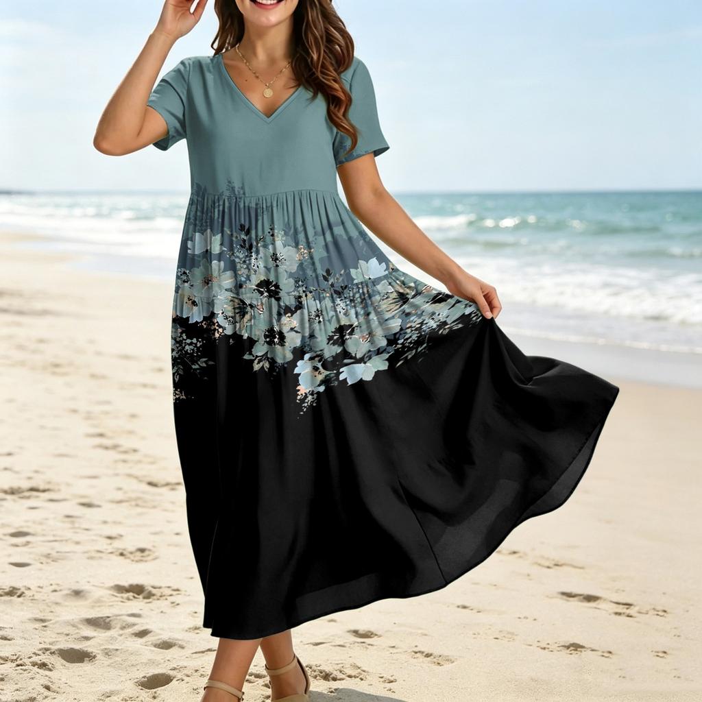 Damen Lässiges Bohème-Stil Lockere Passform Blumenprint Kurzarm V-Ausschnitt Maxikleid für den Alltag