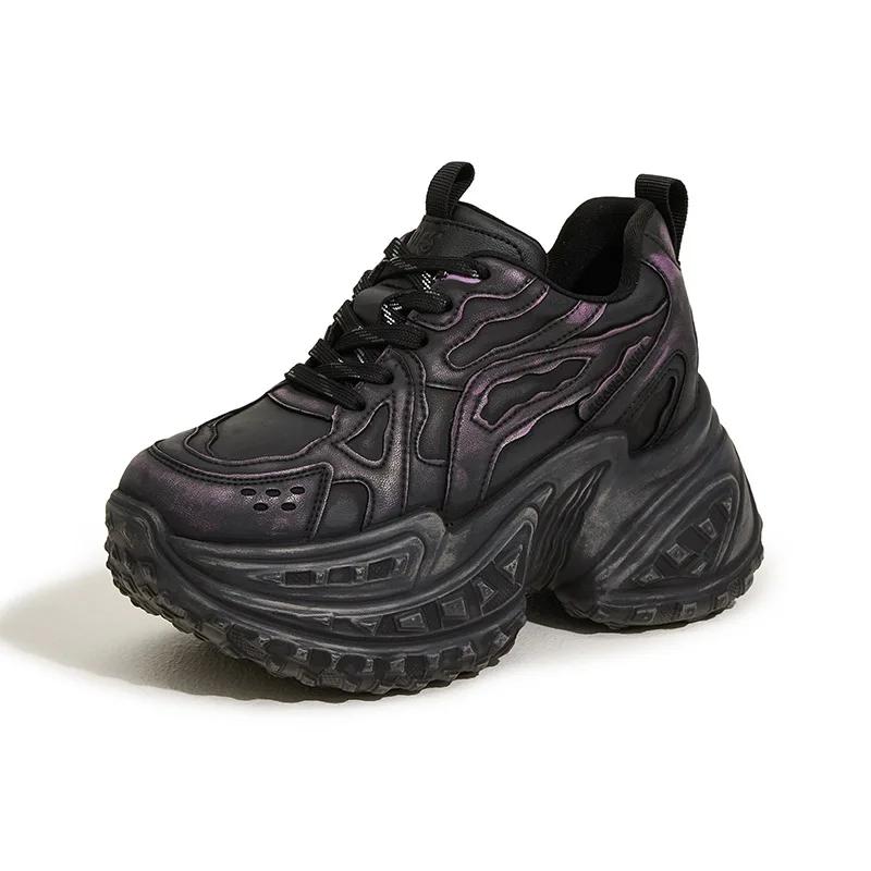 Fashion 10CM Internal Height Women Shoes Outdoor Leisure Genuine Leather Wide Toe Sneakers Female Retro Thick Platform Shoes