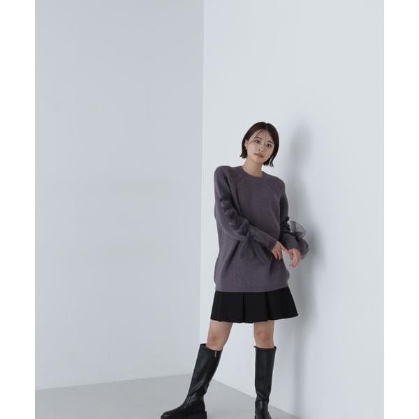 Natural Beauty Basic Ribbon Sleeve Knit Charcoal Women's Lace-Up Sweater,