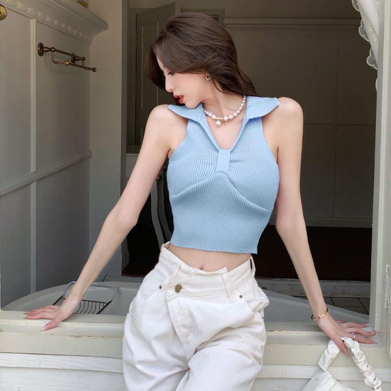 Camisole Tank Top Women's Summer Elegant Polo Collar Short Sleeveless Knitted Hot Girl Backless Top