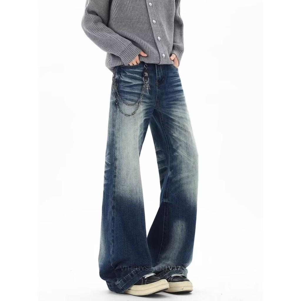 American retro cat whisker washed jeans men's straight loose wide-leg high street pants versatile and thin long pants