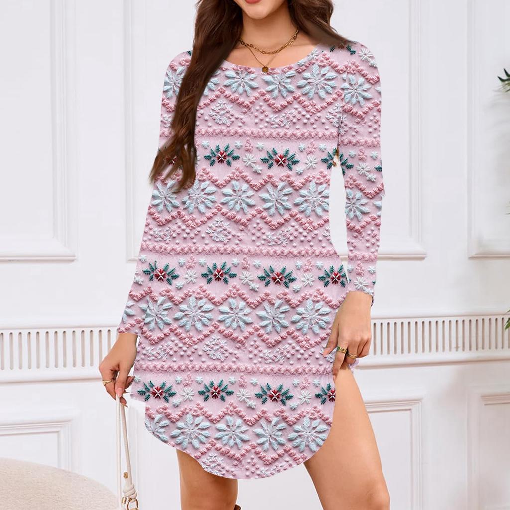 Women's Long-sleeved T-shirt Dress With Round Neck, Knee-length, Loose Fit, Casual And Pockets