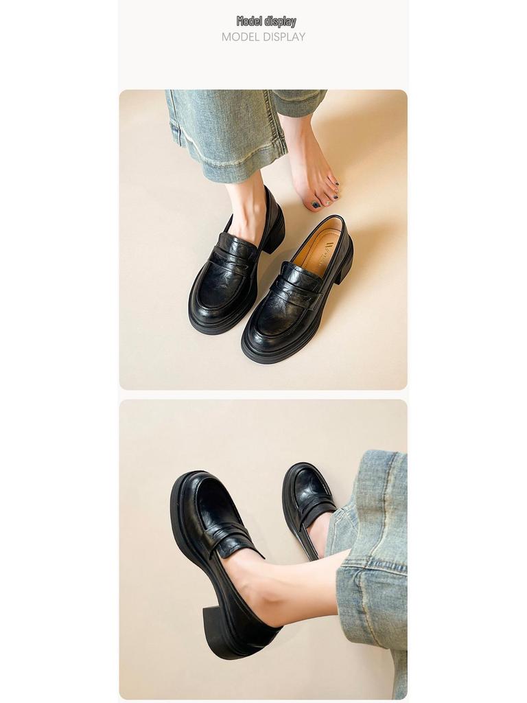 Weiwei Girl Vintage Slip-On Loafers: Chunky Heel, Thick-Soled, British-Style Women's Leather Shoes.