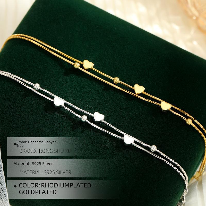 Sterling Silver Double-Layer Heart & Round Bead Bracelet - Japanese & Korean Style