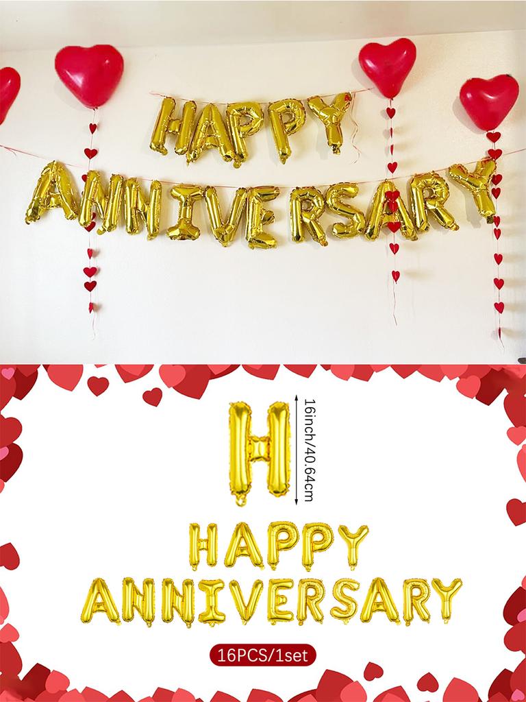 1 Satz goldene herzförmige Happy Anniversary-Ballons, zur Valentinstags-Partydekoration, Jubiläum, Hochzeit, Party mit Liebesthema