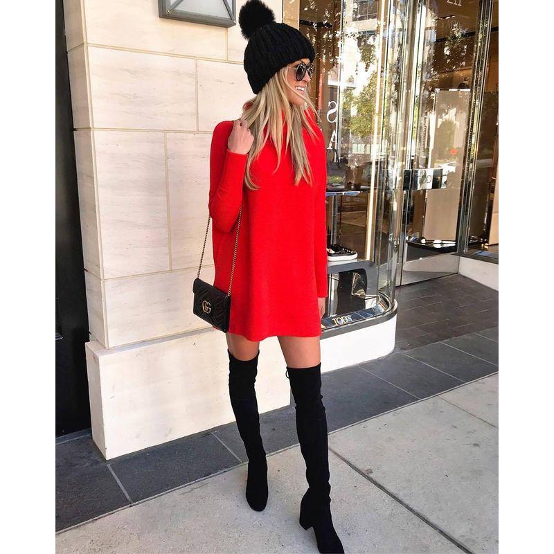 

Dress Spring, Autumn and Winter New British Style Pure Color Long Sleeves Stand Collar Loose Slim Looking Dress Short Skirt Dress Red 2XL