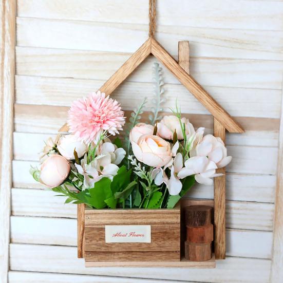 Boho Wall Decor for Living Room Wooden Planter, Creative Hanging Flower Pot Basket Indoor Plants Decorative Faux Flowers, Rustic Balcony Decoration