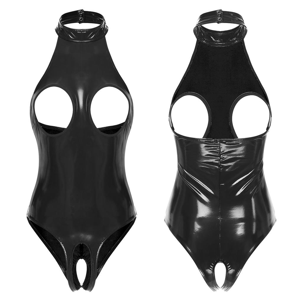 Damen Lackleder Bodysuit Neckholder Cutout Design Schrittlos Rückenfrei Einteiler Clubwear Reizvolles Outfit