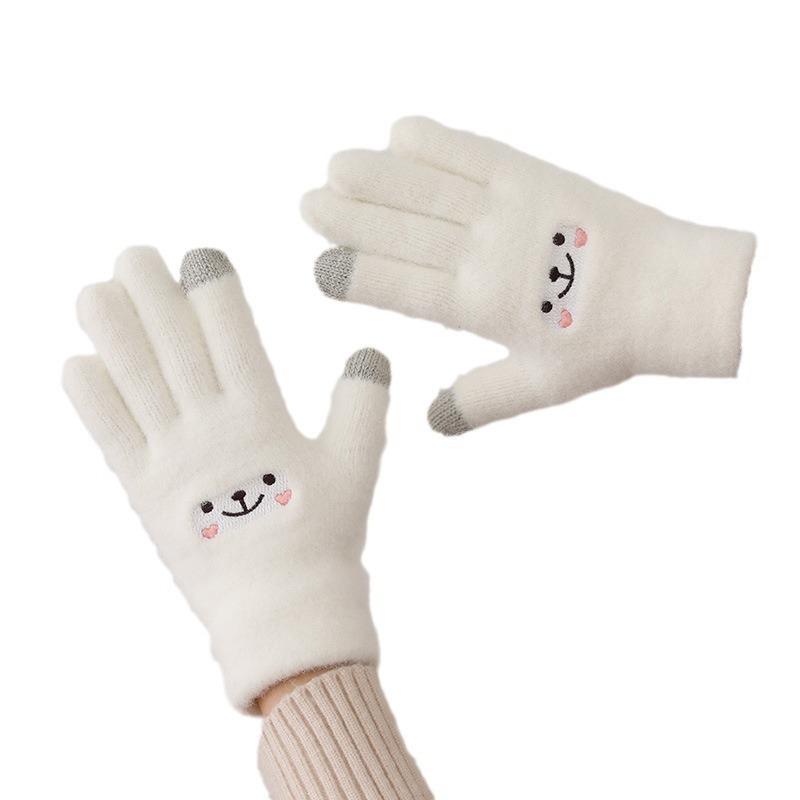 Kawaii Gloves Female Cute Cartoon Embroidered Bear Touchscreen Gloves Autumn Winter Warm Women Shopping Knit Gloves Soft Gloves