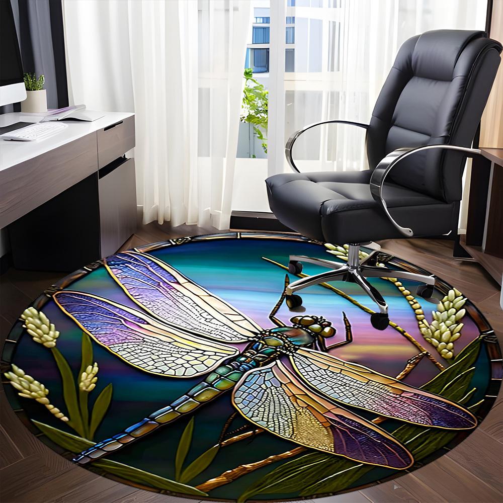 1PC Dragonfly StainedGlass Office Round Area Rug,  Mat Suitable ForOffice, Under Office Chairs Bedroom Living Room Home Decor, Room Deco