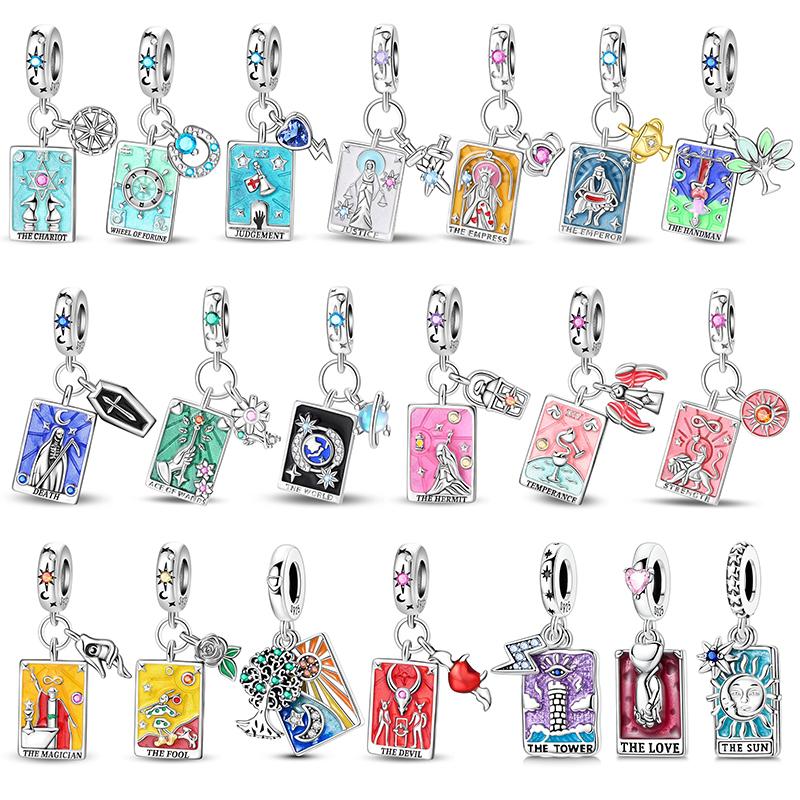 Enamel Colors Zircon Charm Beads Copper Tarot Card Dangle for Original Bracelet Charms Pendant Jewelry High Quality