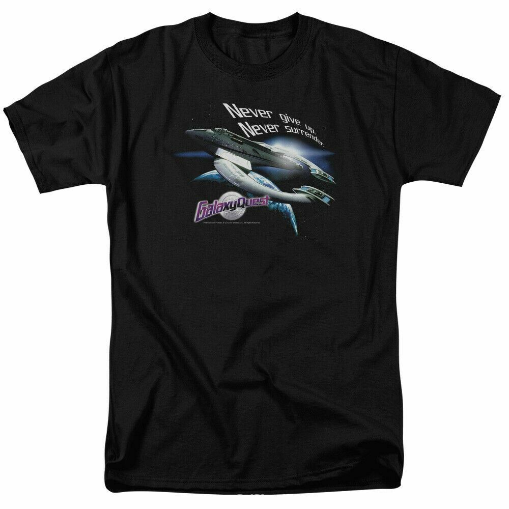 

26 Galaxy Quest Never Surrender T Shirt Mens Licensed Space Movie Tee Black Unisex T-Shirt L