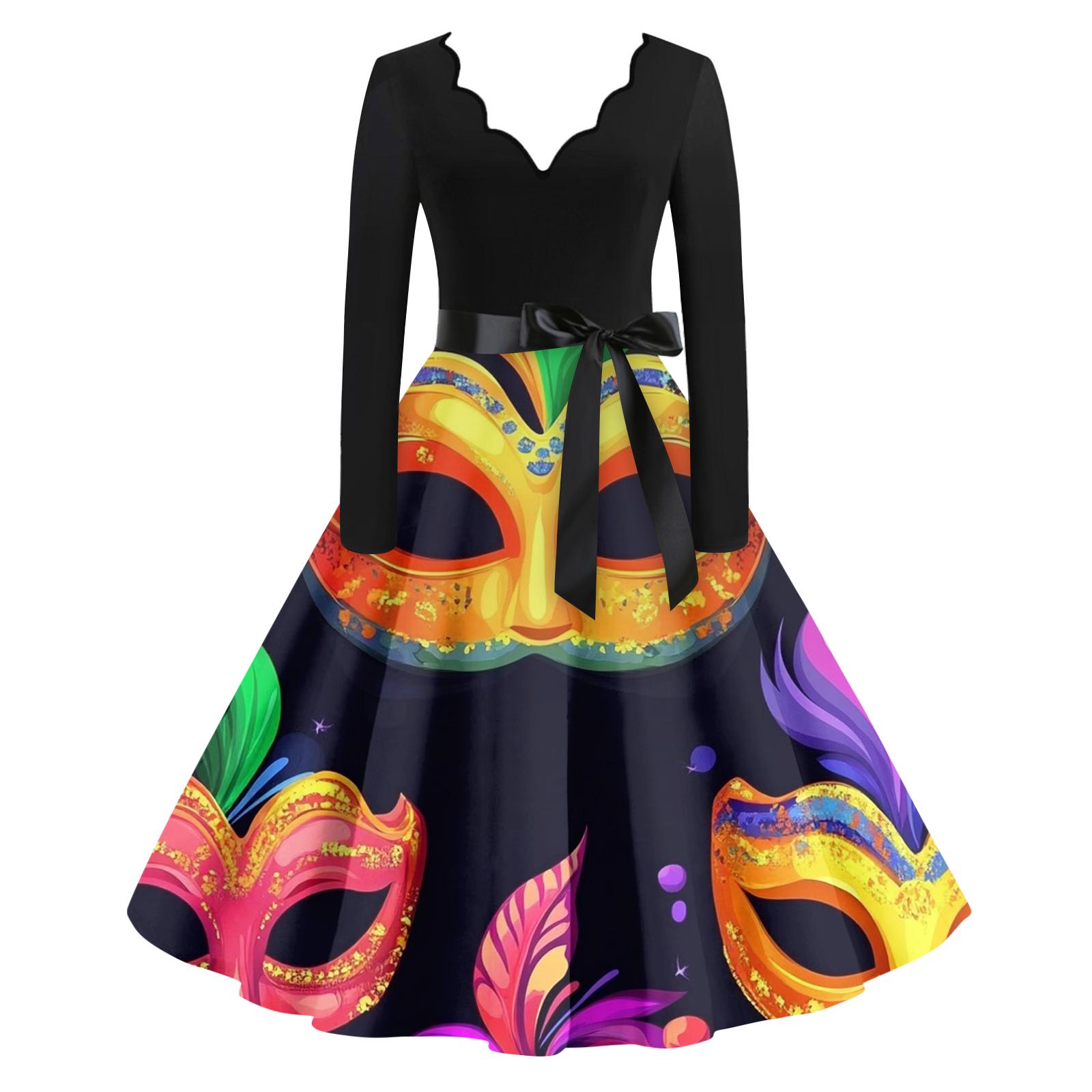 

Женское повседневное модное платье с V-образным вырезом и длинным рукавом с принтом в винтажном стиле XL