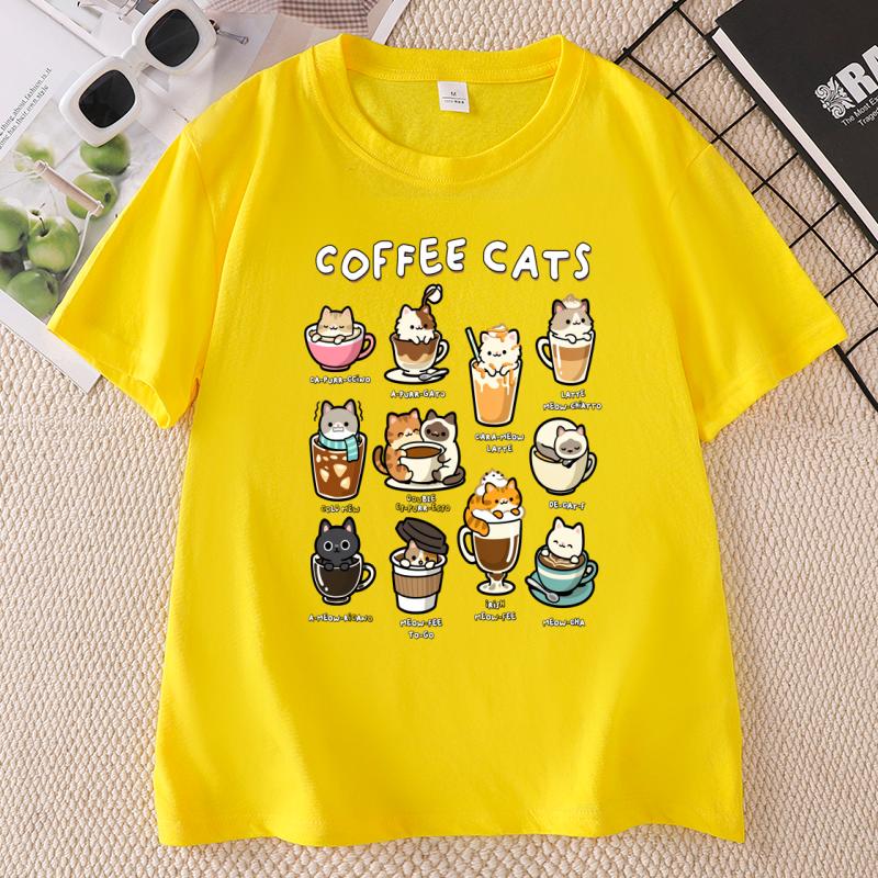 Funny Coffee Cat Cotton Short Sleeve Round Neck Printed Tshirts Unisex Unisex Streetwear Cat Lover Tshirt Unisex Clothing
