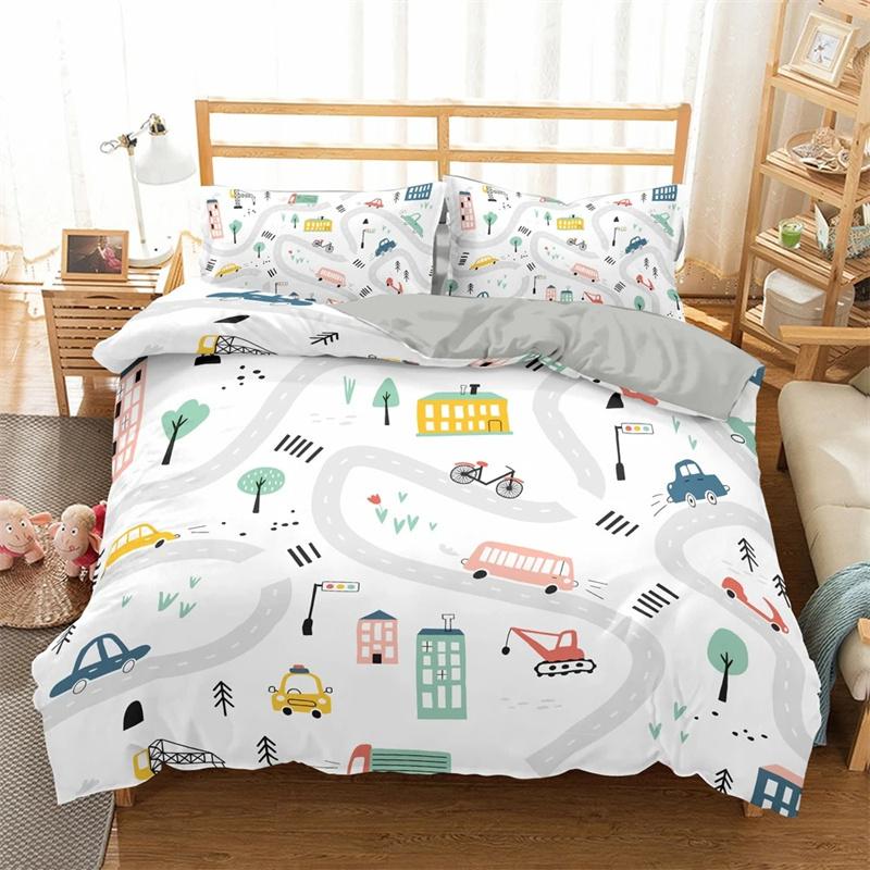 Coleções de Roupa de Cama de Trem de Desenho Animado 23 Peças Capa de Edredom Carro de Brinquedo Caminhão Capa de Colcha Macia Tamanho Solteiro Queen King Capa de Edredom de Poliéster