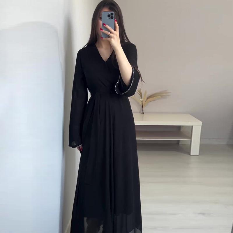 2024 Autumn Women's Lightly Mature V-Neck Waist-Tie Solid Color Long-Sleeve Dress