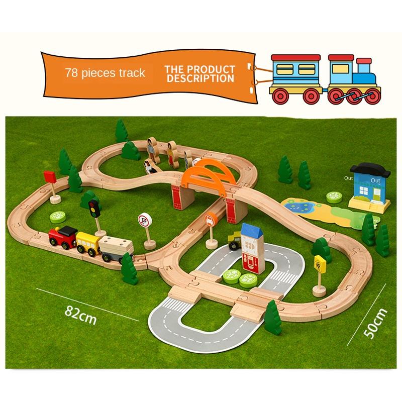78 Pieces of Wooden Train Track Set Children's Toys Building Combination Scene Model Compatible with Train Track Puzzle