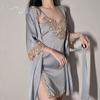 Women's Satin Lace Slit Cami Sleep Dress with Tie Robe Lounge Set