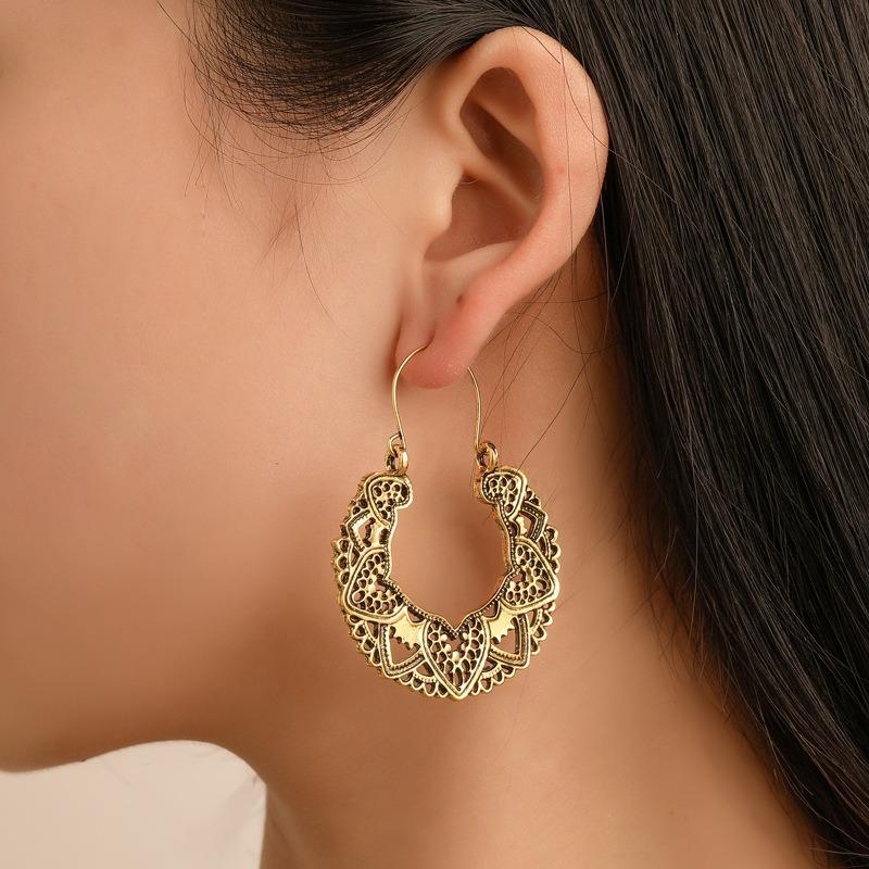 Vintage Antique Silver Color Carving Drop Earrings for Women Ethnic Piercing Hoop Earrings Party Jewelry New Trend Gifts