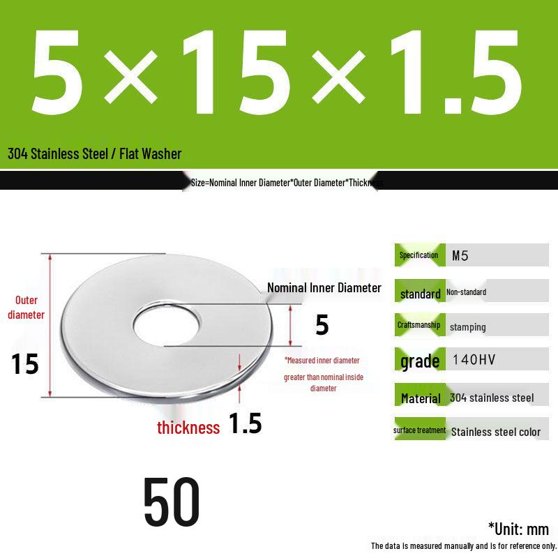 304 Stainless Steel Thickened Flat Washer Set, Sizes 2-36