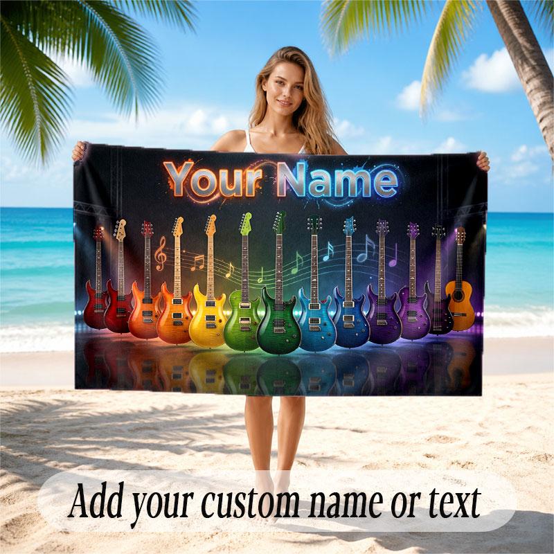 Music Guitar Theme Beach Towel Personalized Custom Name & Text Soft Quick Dry Beach Towel for Swimming Travel