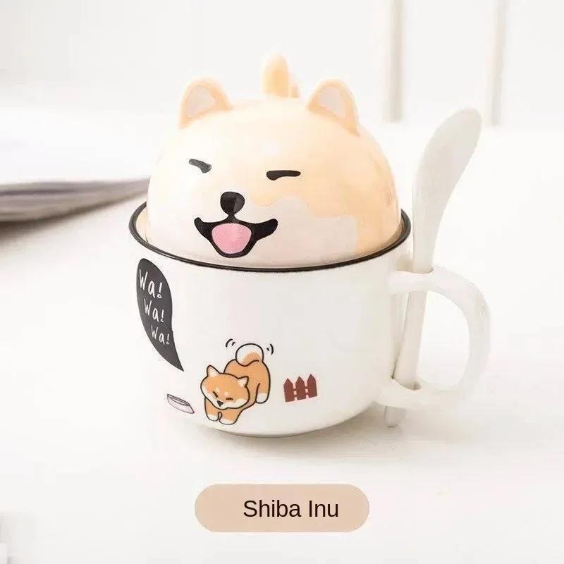 350ml Kawaii Kubek Shiba Inu Uroczy Kreskówkowy Ceramiczny Kubek z Pokrywką i Łyżeczką Kubki na Kawę Mleko Herbatę Śniadaniowe Filiżanki Naczynia do Picia Prezenty