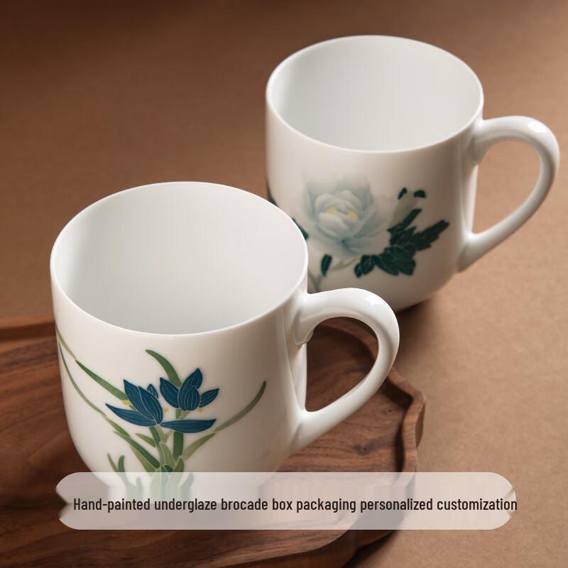 Hongguan Kiln White Peony & Orchid Ceramic Couple Cups with Lid