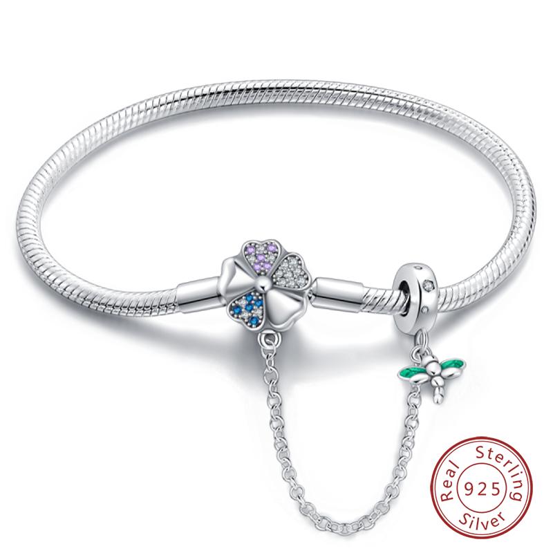 Bracciale Argento 925 Originale 17-20CM Stella Luna Sole Quadrifoglio Zircone Verde Bracciali Adatti Fai da Te Ciondoli Gioielli Compleanno Regali