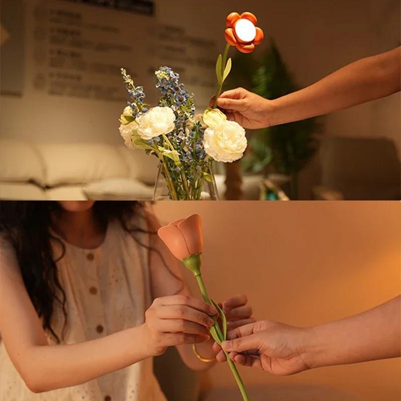 Dimmable Rose Flower Night Light New Bendable Rechargeable LED Desk Lamp with USB Charging Creative Bedroom Ambient Light Gift