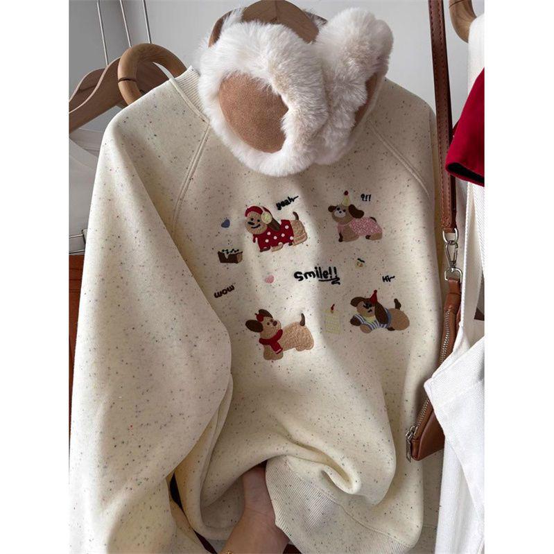 Women’s Cute Fleece-Lined Sweatshirt with Embroidered Puppies - Versatile and Warm for Autumn/Winter