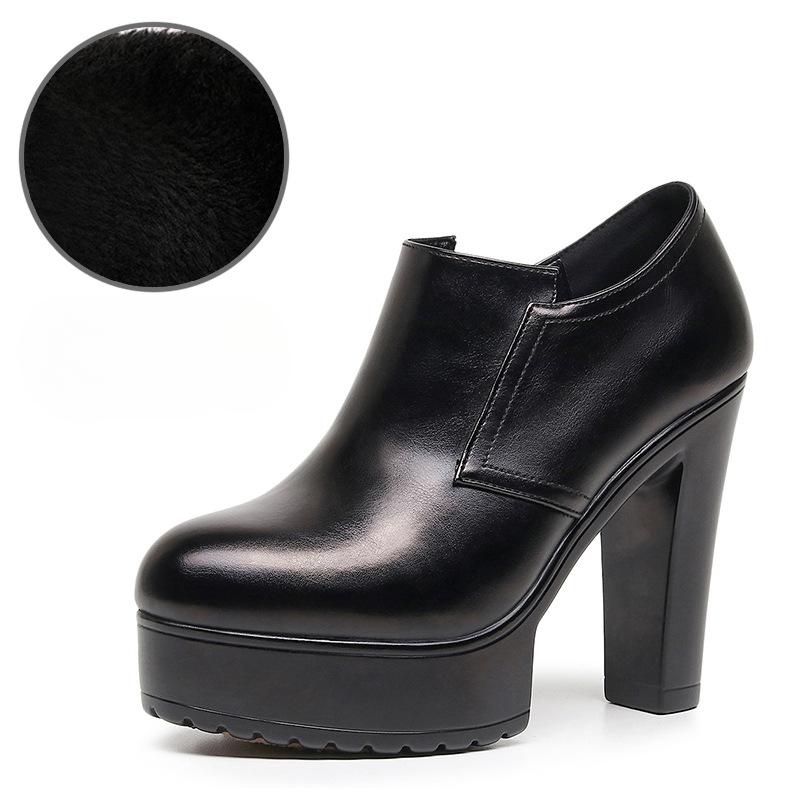 12cm Malá Velikost 32-43 Hluboký Výstřih Boty z Měkké Kůže Platformové Lodičky Podzim Zima Blokový Vysoký Podpatek Boty s Kožešinou Kancelářský Model