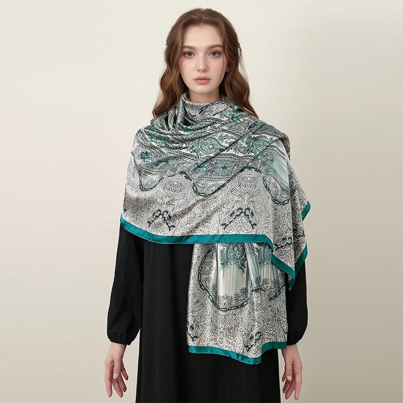 Oversized Silk Shawl For Women Luxury Paisley Print Sun Protection Wrap Summer Beach Cover Up Muslim Hijab Scarf Fashion Bandana
