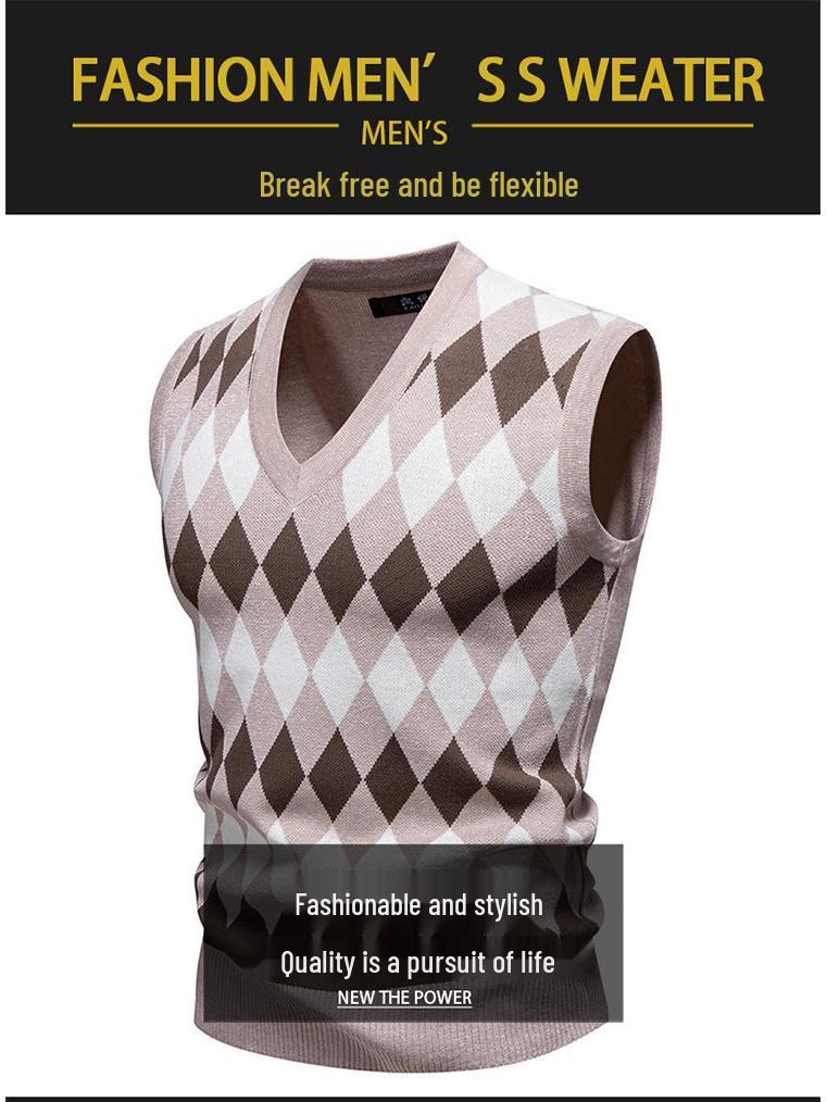 Men's Trendy V-Neck Plaid Color Block Knit Vest - Autumn/Winter Casual Warm Layer