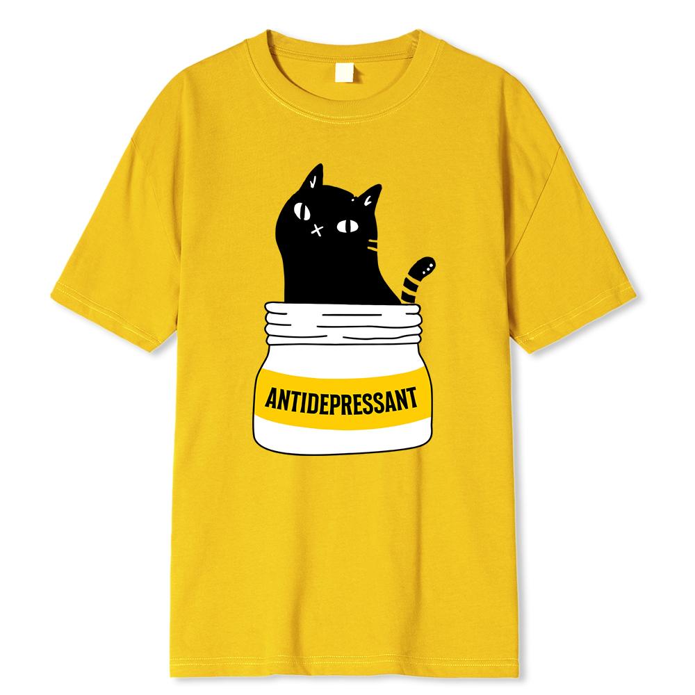 Černá kočka jí antidepresivum vtipný tisk pánské tričko módní nadměrné tričko vysoce kvalitní bavlněná trička letní krátký rukáv