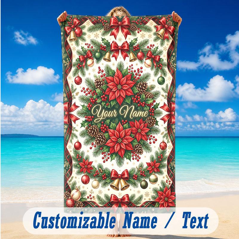 Christmas Theme Beach Towel Personalized Custom Name & Text Soft Quick Dry Beach Towel for Swimming Travel