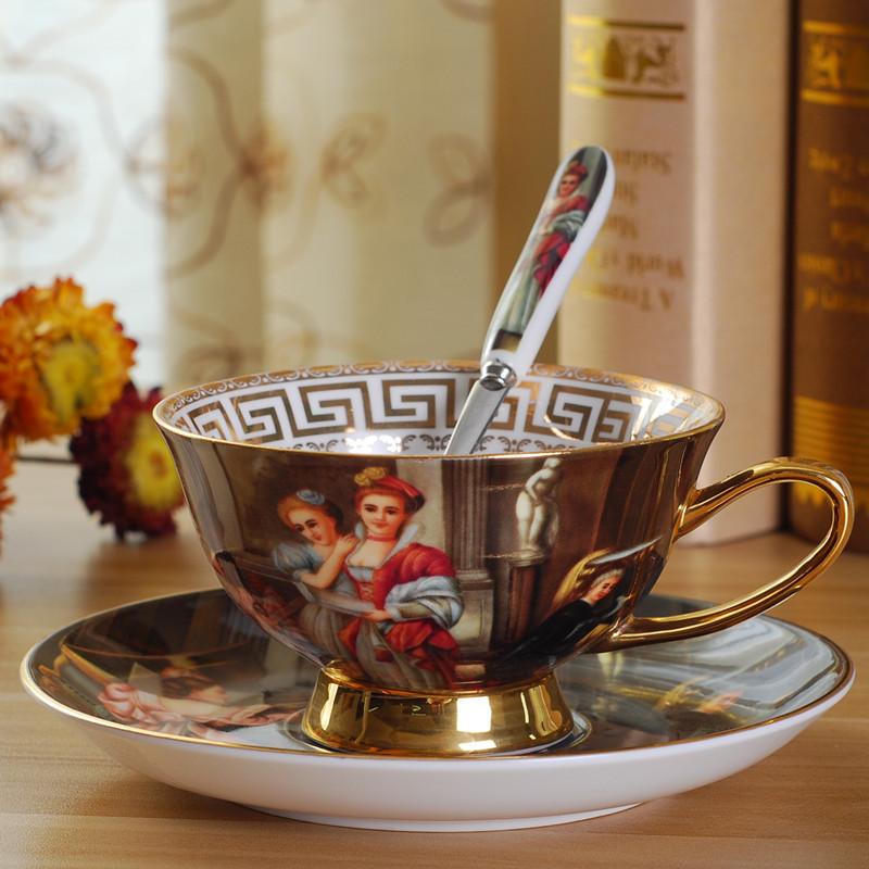 200ml Europe Oil Painting Bone China Coffee Cup Mug Plate Spoon Set Luxury Elegant Mug Porcelain Tea Cup Teaware Party Drinkware