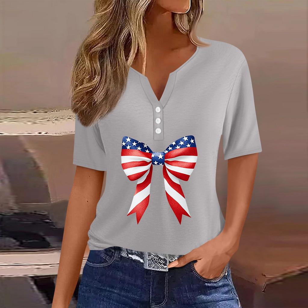 Women's T Shirt Tee Independence Day Print Button Short Sleeve Daily Weekend Fashion Basic V-Neck Regular Top