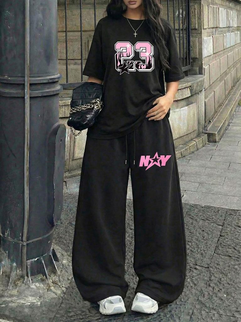 Amerikanischer Retro Street Trend Cool Buchstabendruck Kurzarm-T-Shirt Weite Hosen Set Damen Lässig Locker Sport Zwei Teile