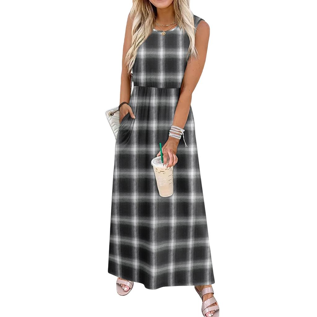 Ladies' Plaid Printed Casual and Fashionable Waist Cinched Sleeveless Dress
