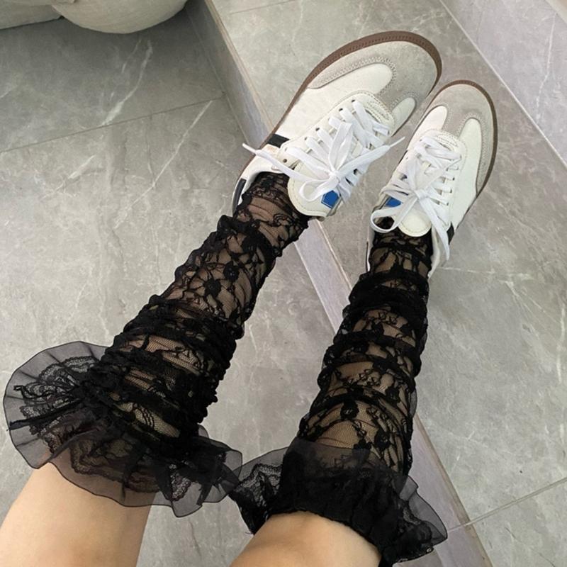 Womens Japanese Sheer Flower Lace Fishnet Thigh High Stockings Sweet Layered Ruffle Trim Frilly Over Knee Long Socks