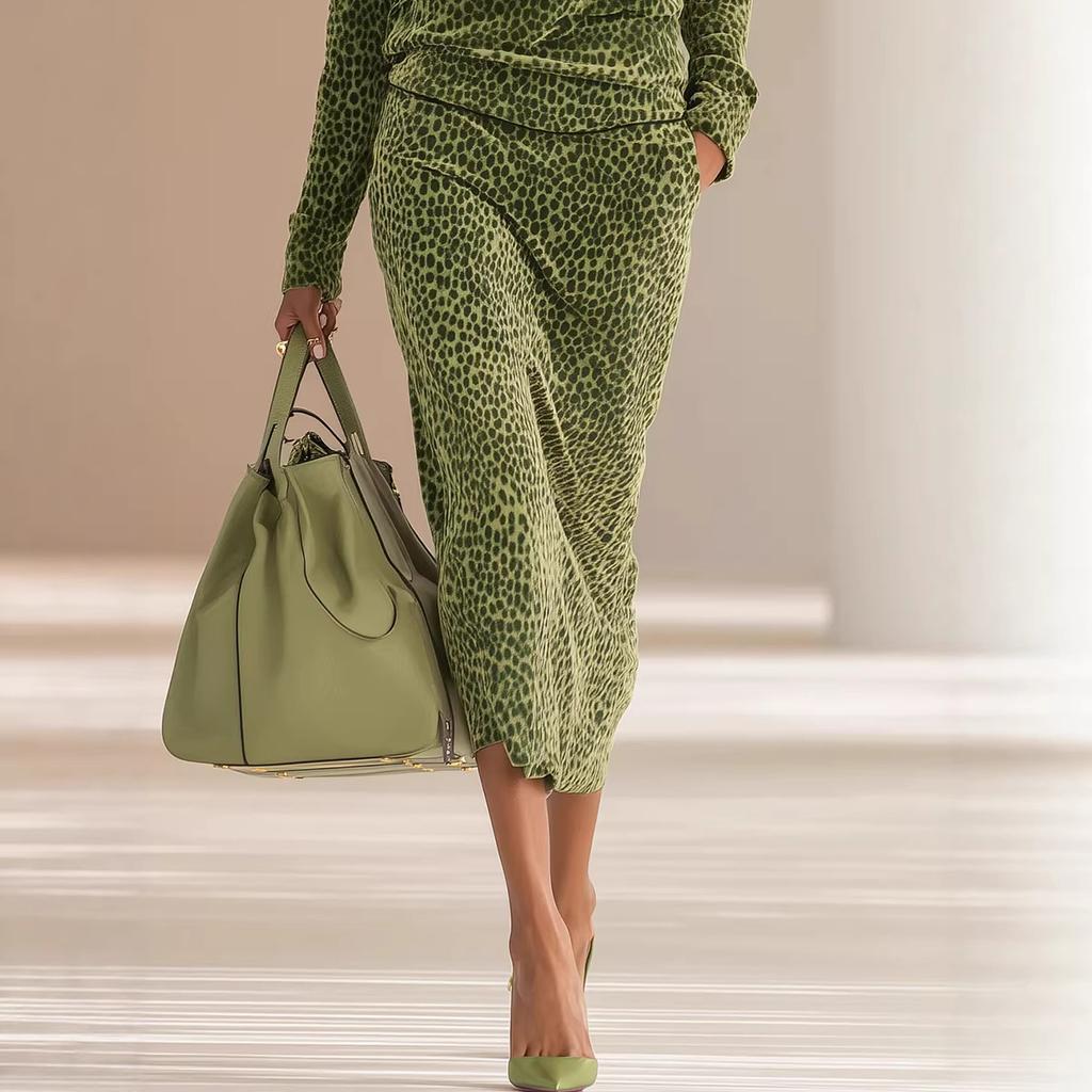 Women Leopard Print Long Sleeve Midi Dress High Neck Ruched Bodycon Elegant Party Dress