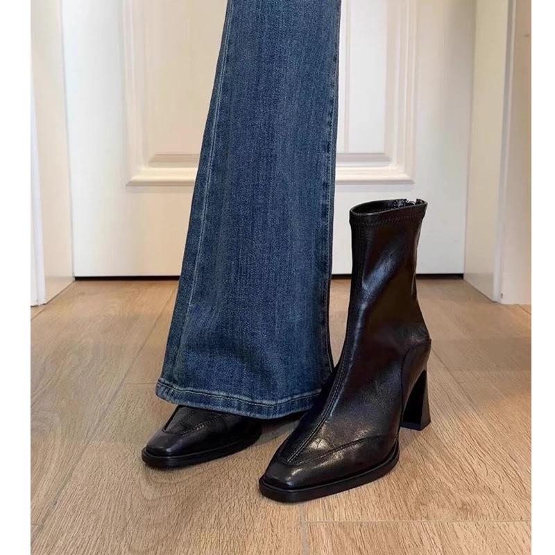 Leather Version~ Korean Version High Heel Square Head Thin Boots Short Boots Women's Thick Heel Retro Martin Boots British Style Short Single Boots