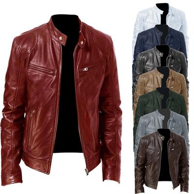 Mens Stand Collar PU Leather Jacket Winter Casual Outerwear Slim Fit Large Size